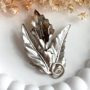 Foliage Leaf & Floral Midcentury Curled Stem Art Nouveau Sterling Vintage Brooch
